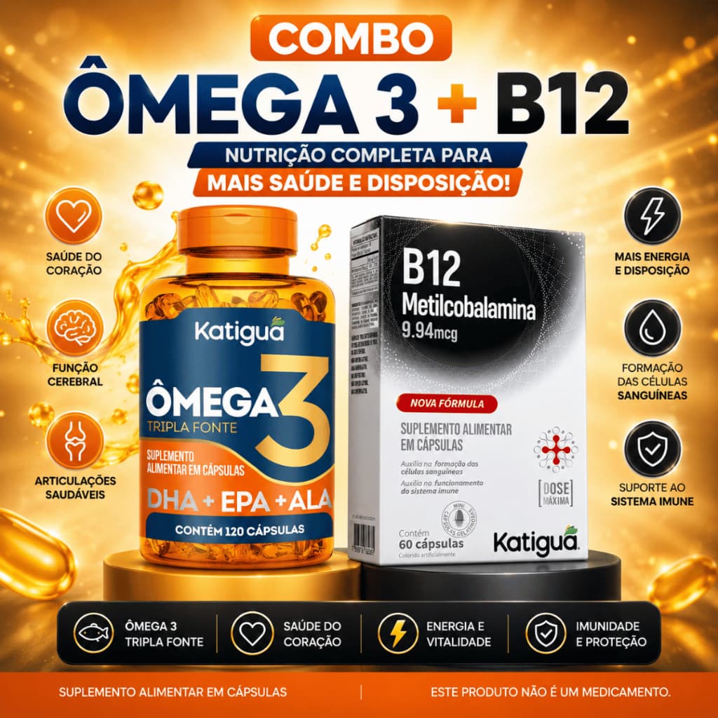 Kit Suplemento Alimentar Ômega 3 + Vitamina B12 Katiguá Combo Foco Mente e Corpo Ativos