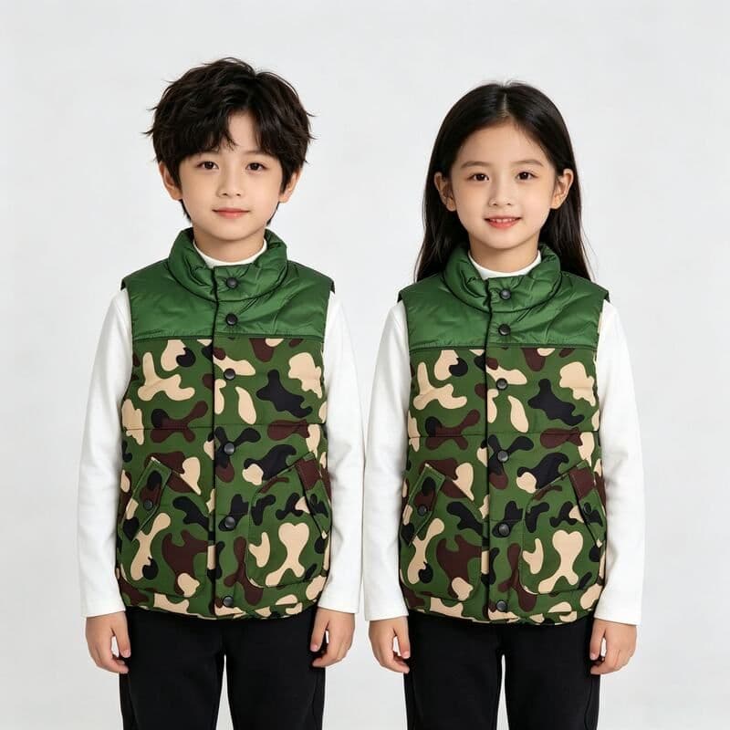 Bedoha crianças outono inverno colete engrossado quente camuflagem verde gola alta algodão acolchoado colete zíper Bo