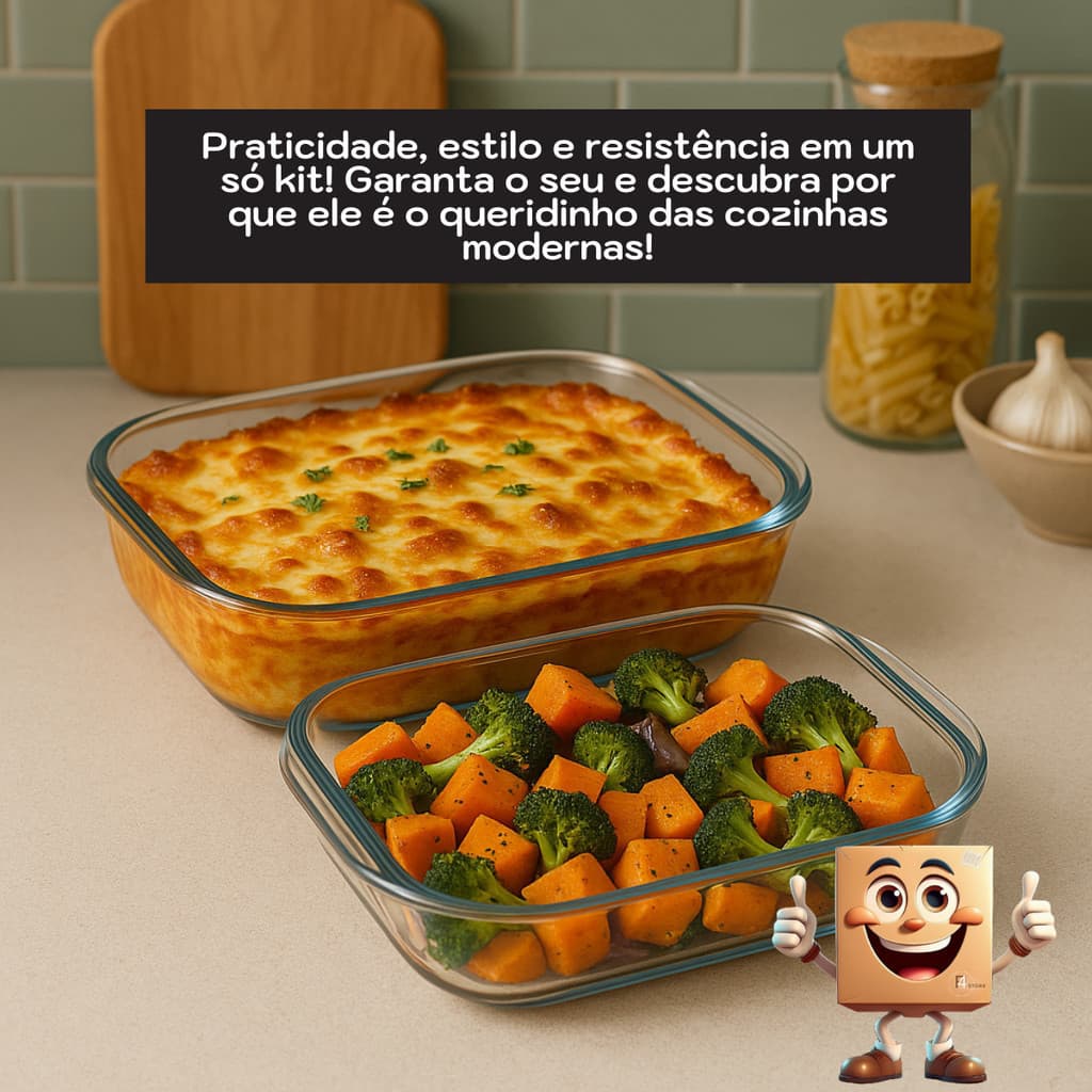 Conjunto 2 Assadeiras Vidro Temperado Retangular Refratárias Forma Travessa Cozinhar Forno Tigela