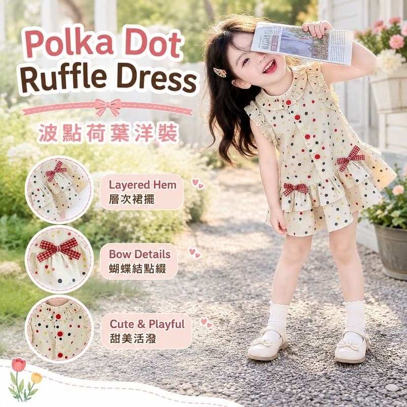 Vestido Infantil de Bolinhas, Vestido Leve Sem Mangas para Crianças, Vestido de Princesa com Laço de Bolinhas para Menin
