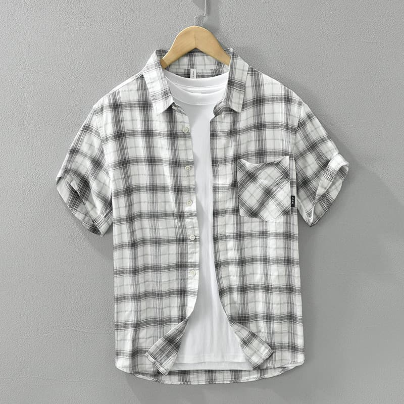 Renben puro algodão estilo japonês verão camisa xadrez masculina de manga curta verão estilo fino Casual solto camisa ma