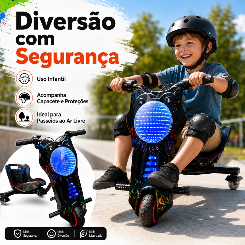 Carrinho Drift Elétrico Infantil 250W 3 Rodas 15km/h Bateria 7.8Ah
