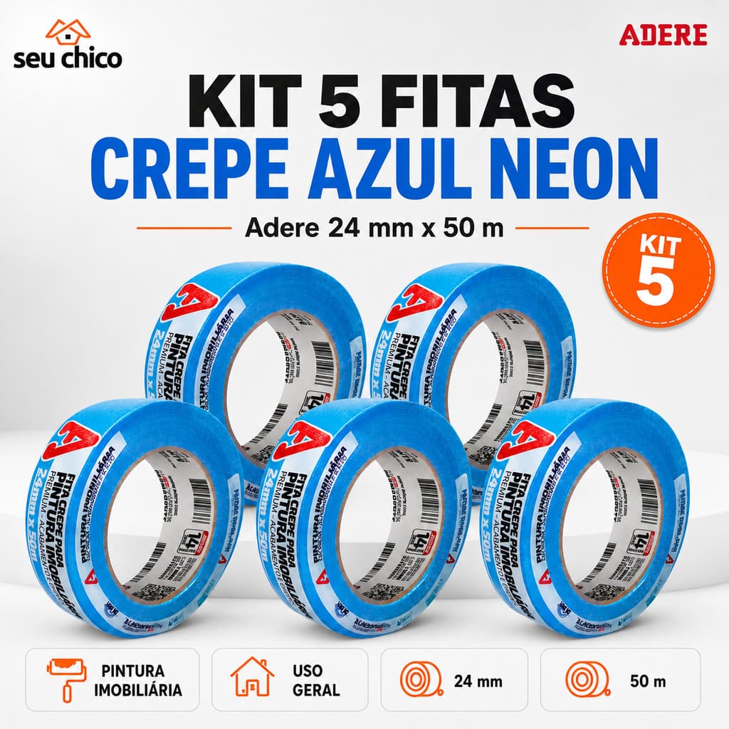 Kit 3/5/10 Fita Crepe ADERE Azul Neon 24mm x 50m NÃO DEIXA COLA Pintura Imobiliaria Revestimento