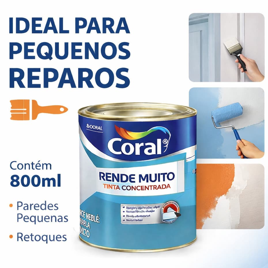 Tinta Acrílica Coral Rende Muito 800ml – Ideal para Pequenos Reparos – Uso Externo/Interno 25 Cores