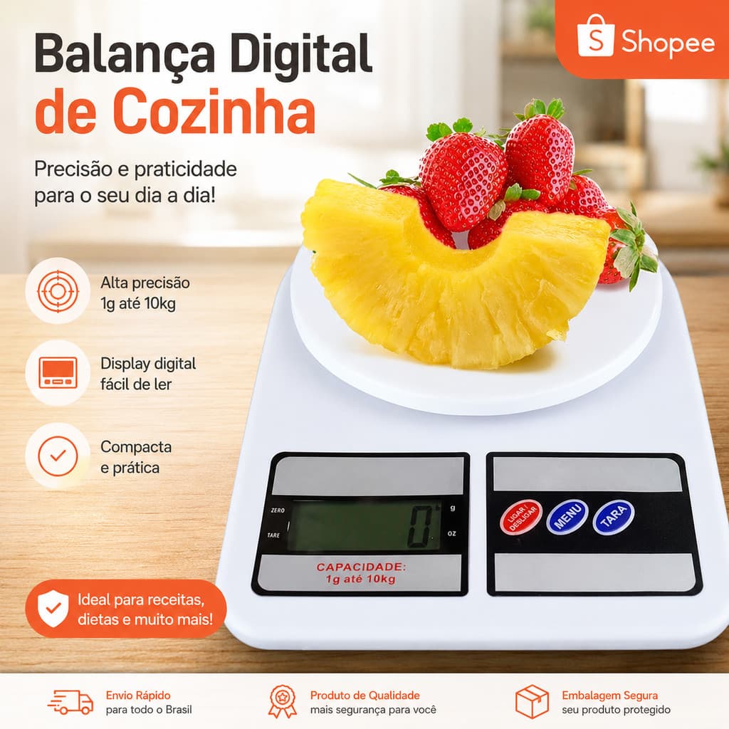 Balança Digital de Cozinha 10kg ,COM TARA, Alta Precisão 1g Alimentos Confeitaria Fitness Dieta