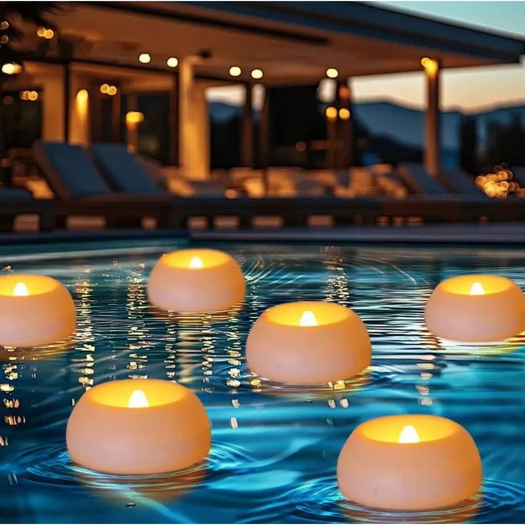 Kit com 6 Velas LED Flutuantes Decorativas à Prova d'Água – Luz Amarela Quente – Reutilizáveis para Piscina, Fonte, Lago