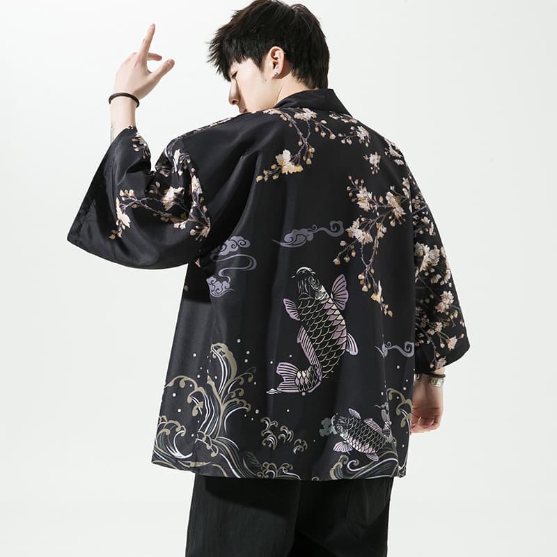 Estilo chinês taoísta Robe masculino antigo Koi Cardigan Haori jaqueta de seda gelo masculino verão fino manga de três q