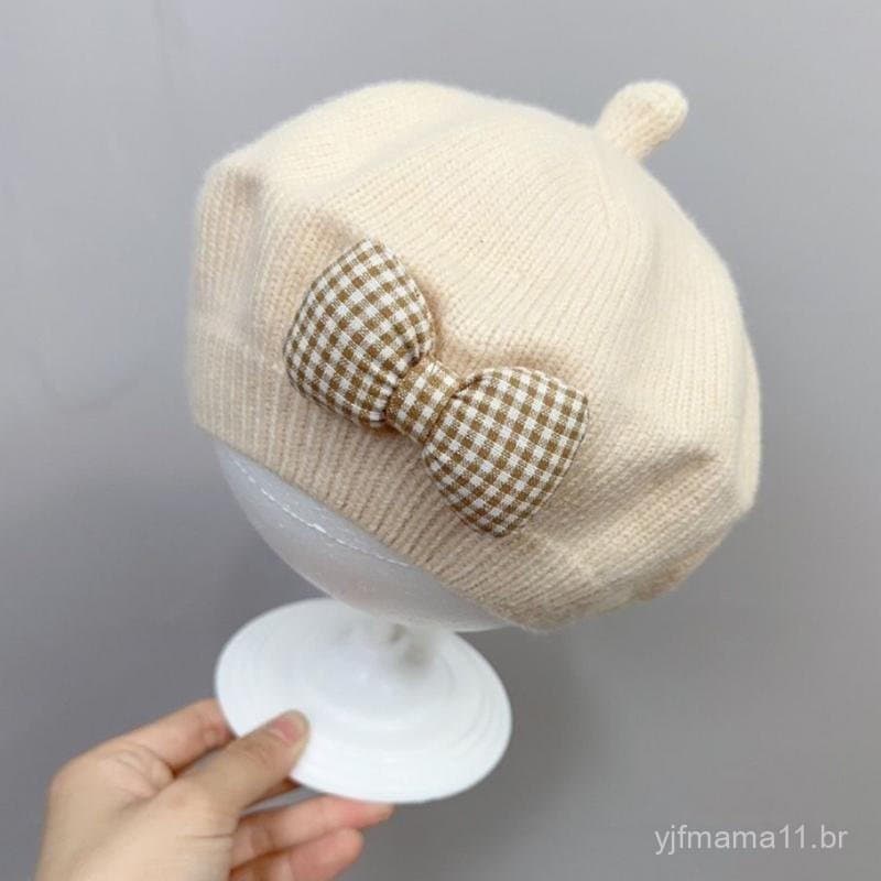 Chapéu de bebê elegante e fofo, boina quente com laço de cor sólida adequada para meninas, estilo vintage de princesa pa