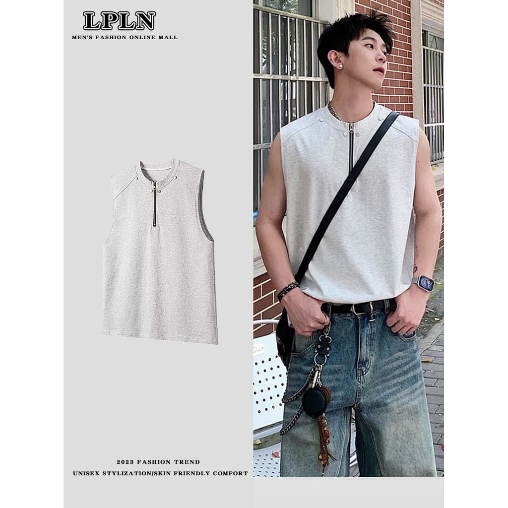 LPLN americano High-End sentimento meio zíper ombro acolchoado colete masculino verão salgueiro prego Design sem mangas
