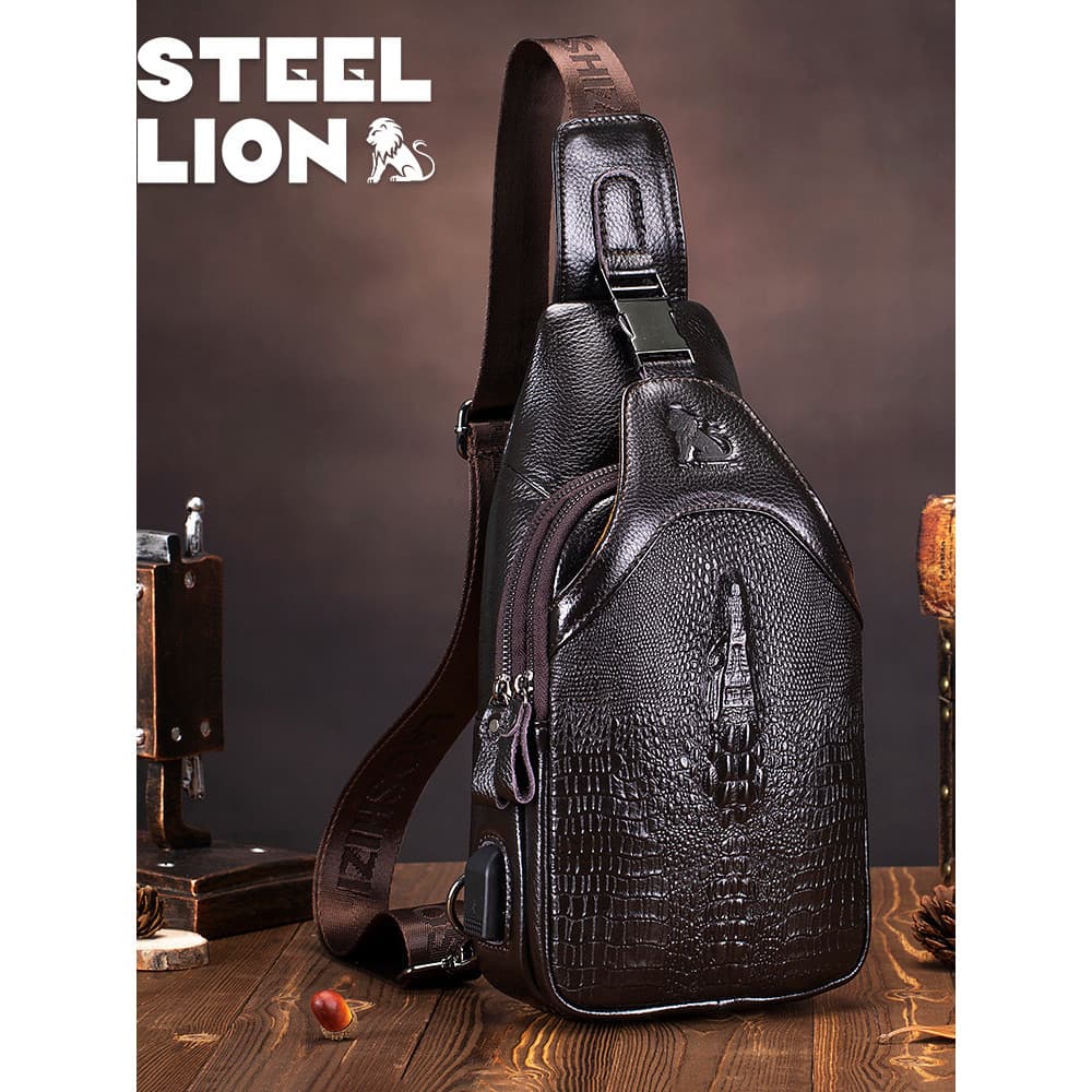 Bolsa de peito masculina de couro genuíno, primeira camada, bolsa mensageiro de couro, padrão de crocodilo, grande capac