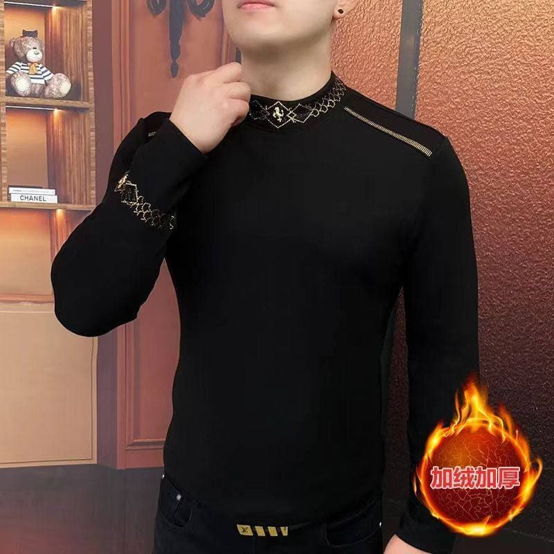 Bens europeus inverno novo estilo masculino meados de pescoço quente strass manga comprida camiseta moda tendência All-M