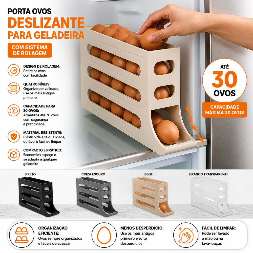 Porta Ovos Suporte 4 Andares Auto Deslizante Organizador de Geladeira Capacidade para 30 Ovos