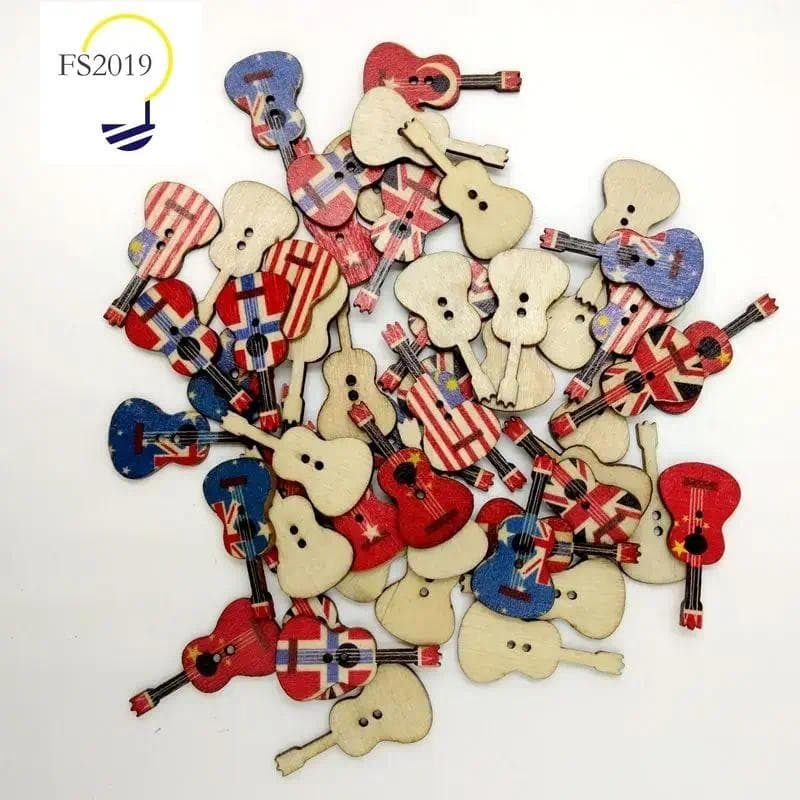 100 Pçs Roupas Artesanato Acessórios Série Retro Botões De Madeira Padrão Guitarra Para Handwork Costura Scrapbook Prese