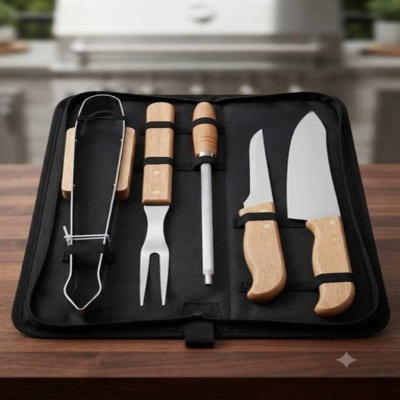 Kit de Churrasco Conjunto de 5 Peças Aço Inox Com Estojo Kit Churrasqueiro Brinde e  Uso