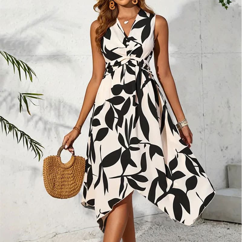Vestido midi sem mangas com estampa de folhas, nó torcido, design irregular, vestido feminino para primavera/verão.