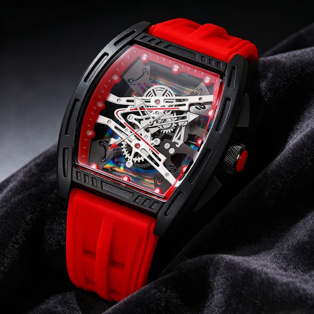 Relógio Masculino Richard Wine Barrel Hollow Fashion com Pulseira de Silicone e Movimento de Quartzo