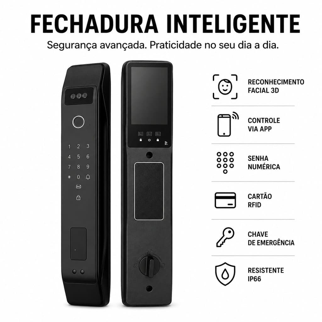 Fechadura Eletrônica Inteligente com Câmera, Reconhecimento Facial 3D, Biometria e Senha