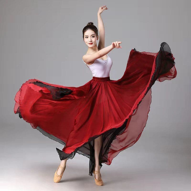 720 graus dupla camada Tencel elegante grande saia de balanço chinês clássico étnico dança prática terno desempenho traj
