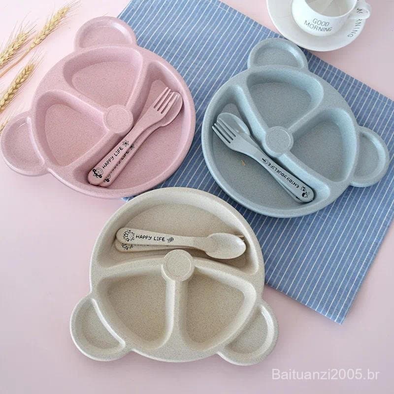 Conjunto de Prato para Bebê em Forma de Urso de Desenho Animado + Colher + Garfo, Utensílios de Mesa para Crianças WSLW