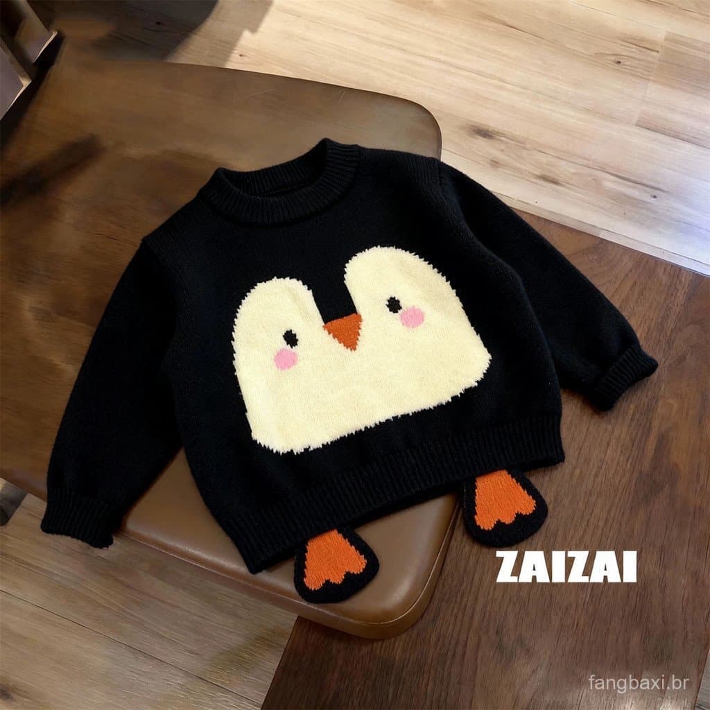 Camisola infantil novo estilo outono inverno bebê bonito pinguim engrossado camisola meninos meninas quente topo na moda
