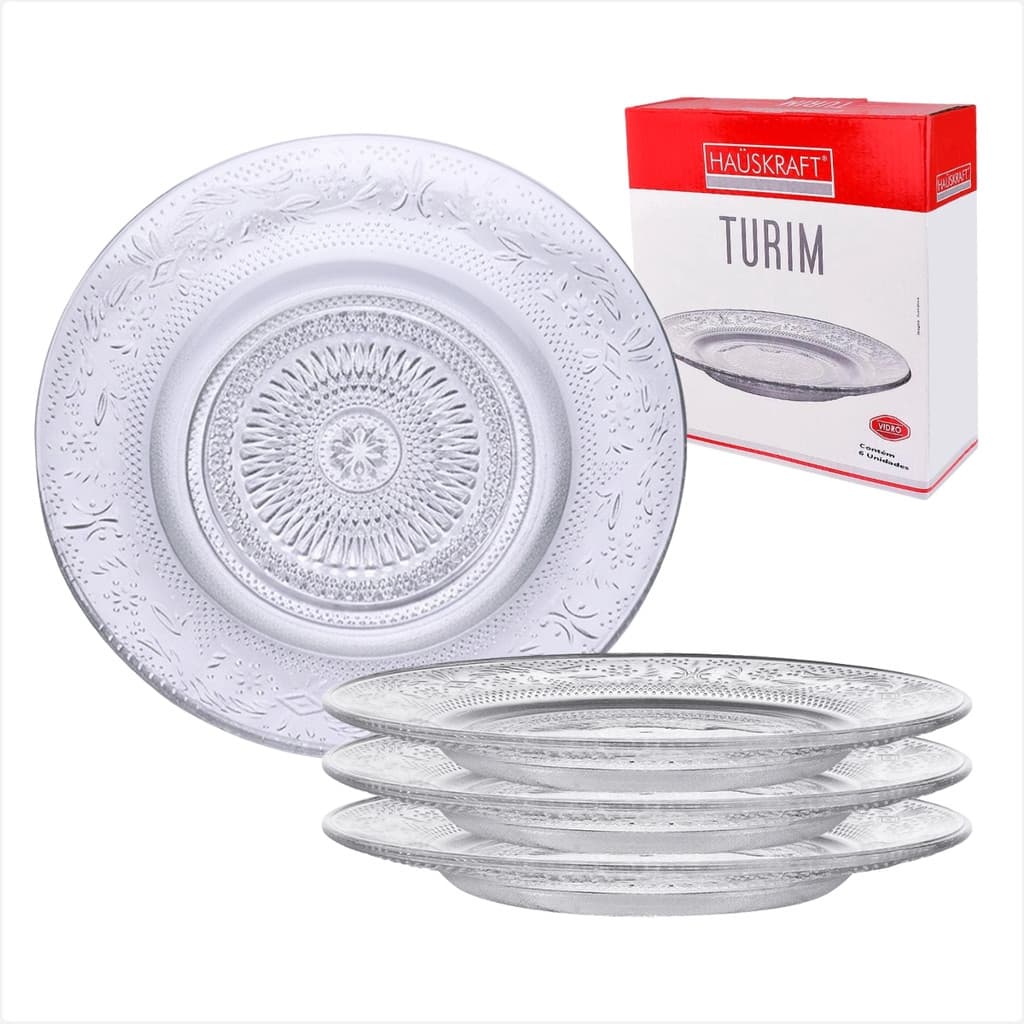 Jogo Com 6 Pratos Turim De Vidro Trabalhado Para Sobremesa Doces e Bolos 17,5cm