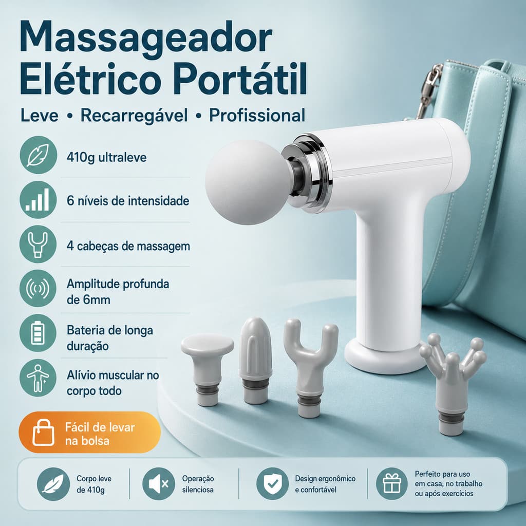 Massageador Elétrico Muscular Portátil Profissional Recarregável com 6 Níveis e 4 Cabeças