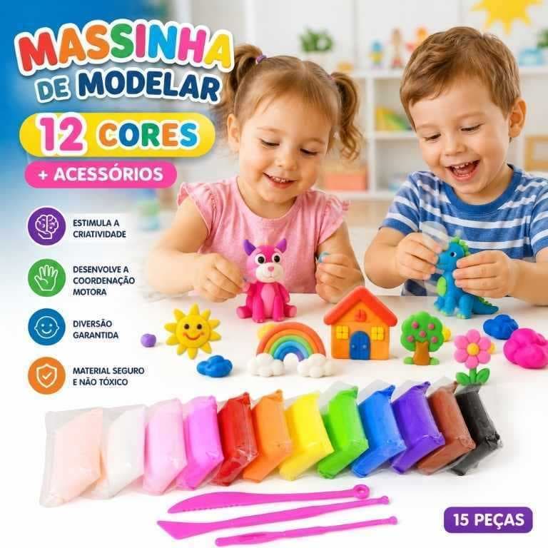 Massinha Infantil 12 Cores | Kit Educativo com Acessórios | Desenvolve a Criatividade e Coordenação