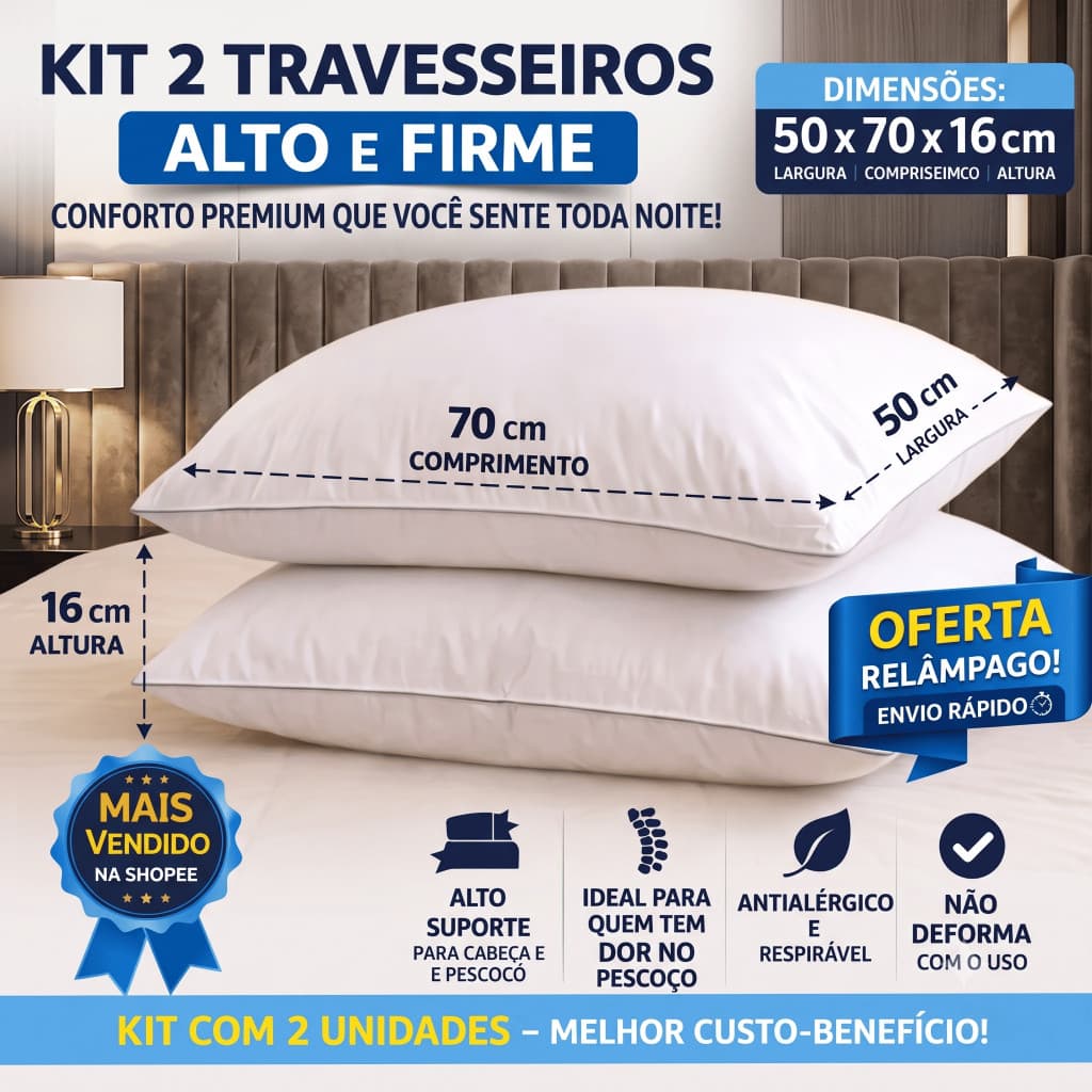 Kit 2 Travesseiros 50x70cm Alto e Firme Antialérgico Lavável Conforto Premium Macio Sem Dores