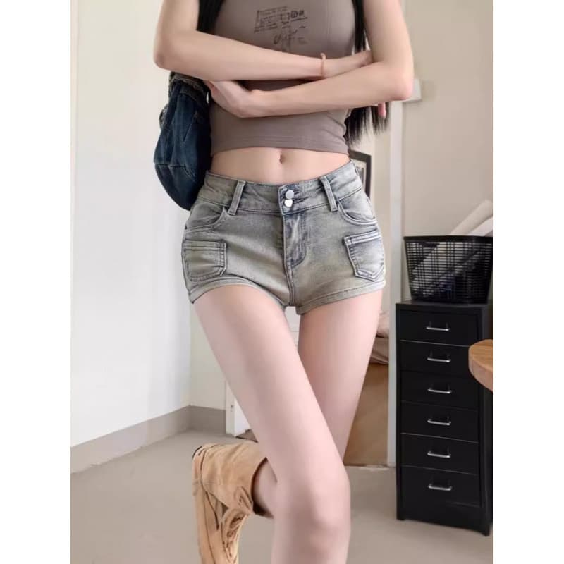 Shorts de Denim Azul Lavado Retrô para Mulheres, Calças Retas de Cintura Baixa para o Verão, Calças Justas Casuais