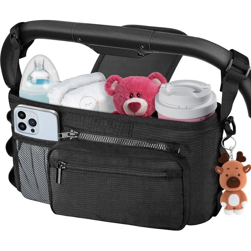 Bolsa de armazenamento universal para carrinho de bebê, com porta-copos, bolso removível para celular e alça em formato
