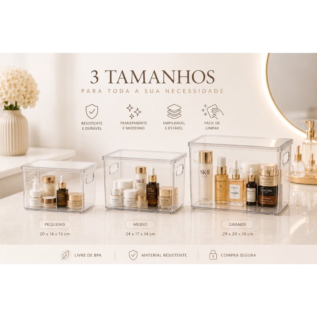 Kit 3 Organizadores Acrílicos com Tampa – Organização Premium para Maquiagem e Skincare