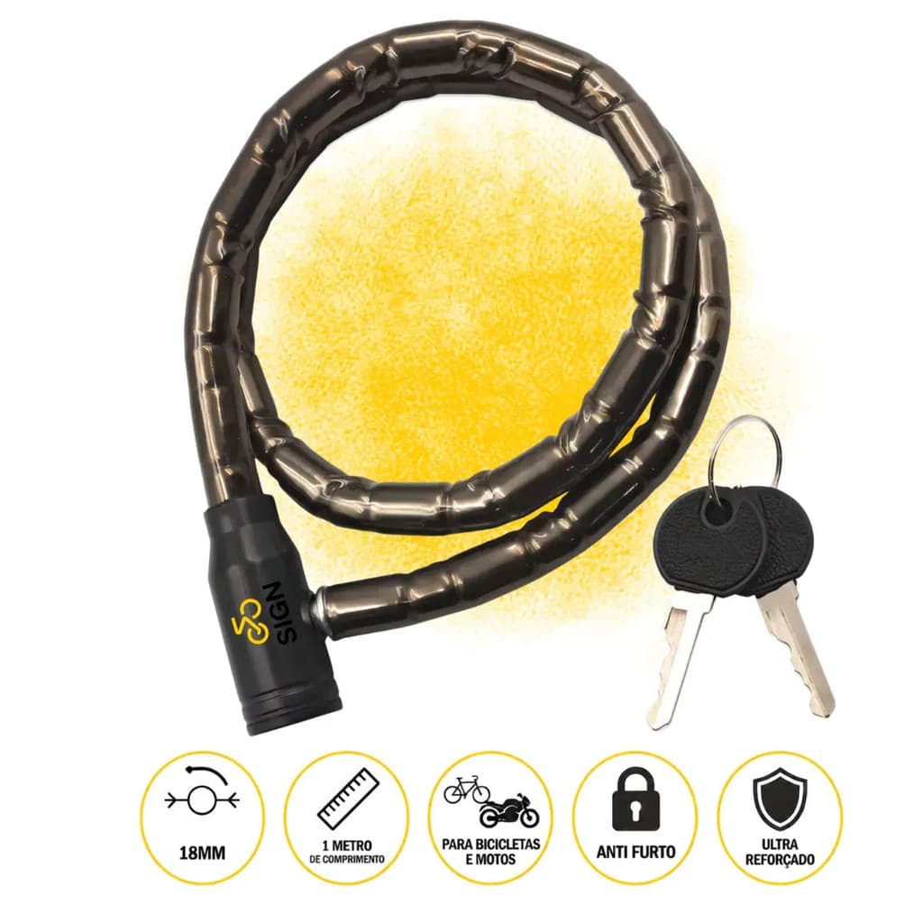 Cadeado Articulado Reforçado Grosso Trava Antifurto 18mm X 100cm Segurança 2 Chaves Bicicleta Moto Portão Preto