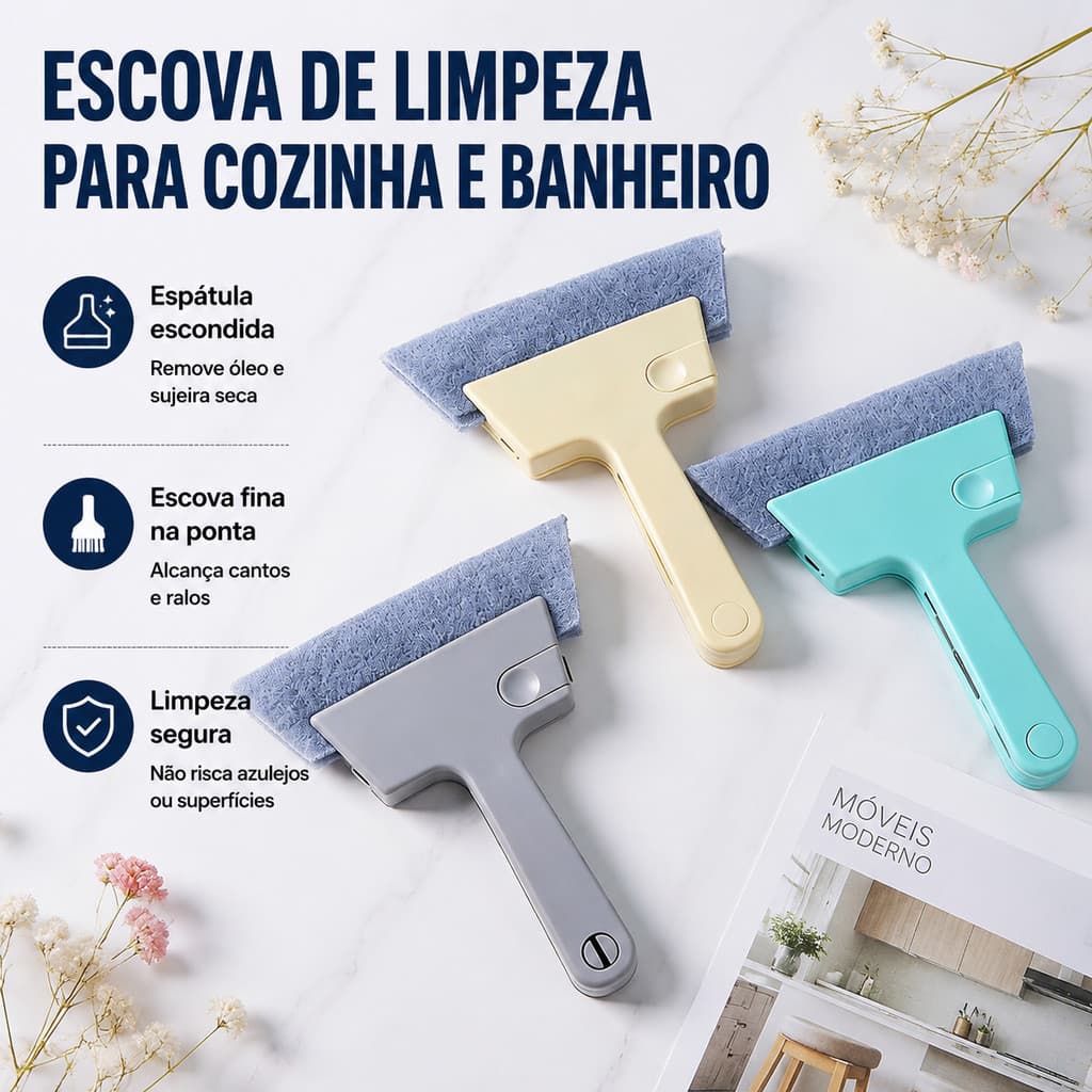 Limpador Janela Escova Limpeza Cantos Multiuso Microfibra Cozinha Fogão Eficiente 4em1 Raspadeira Espátula Vassoura