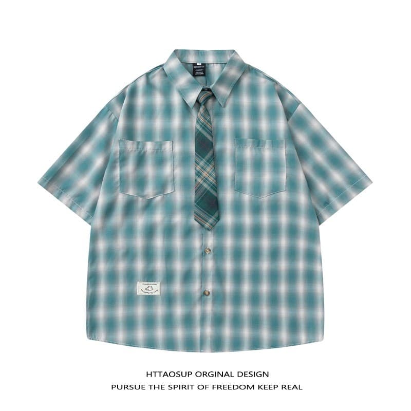 Camisa de manga curta combinando com cores xadrez, camisa Casual solta e combinada