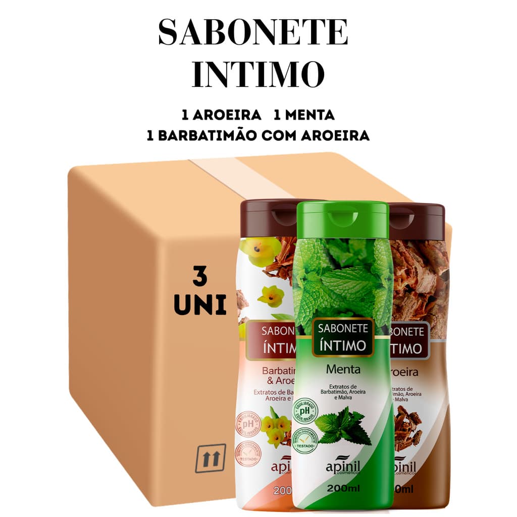 Kit 03 Unidades Sabonete Intimo 1 Barbatimão com Aroeira 1 Aroeira 1 Menta 200ML Apinil (Campanha)