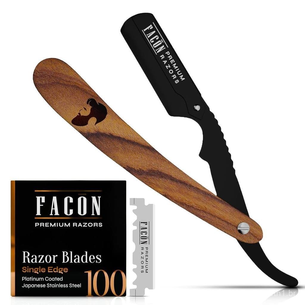 Navalha de Barbear Masculina Facón - Conjunto Profissional de Navalha de Barbear, Inclui 100 Lâminas, Navalha de Aço U9N