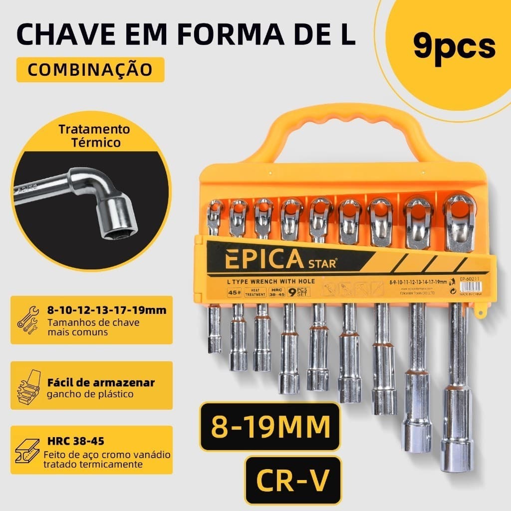 Jogo De Chaves De Soquete Em Formato De L Com 9 Peças De 8 A 19 Mm Feitas De Aço Cromo-vanádio.