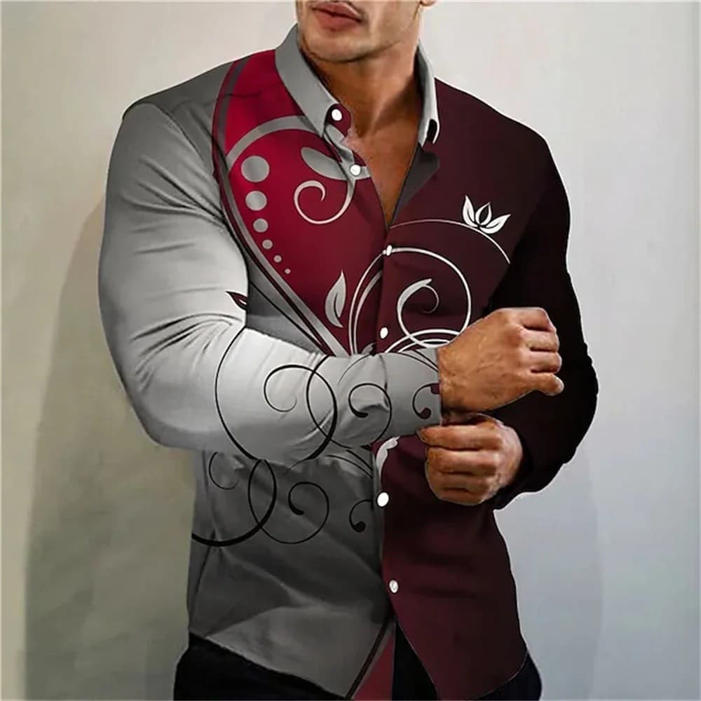 Camisa masculina estampada com padrão tropical, estilo Ruby Street, de manga comprida e abotoamento simples.