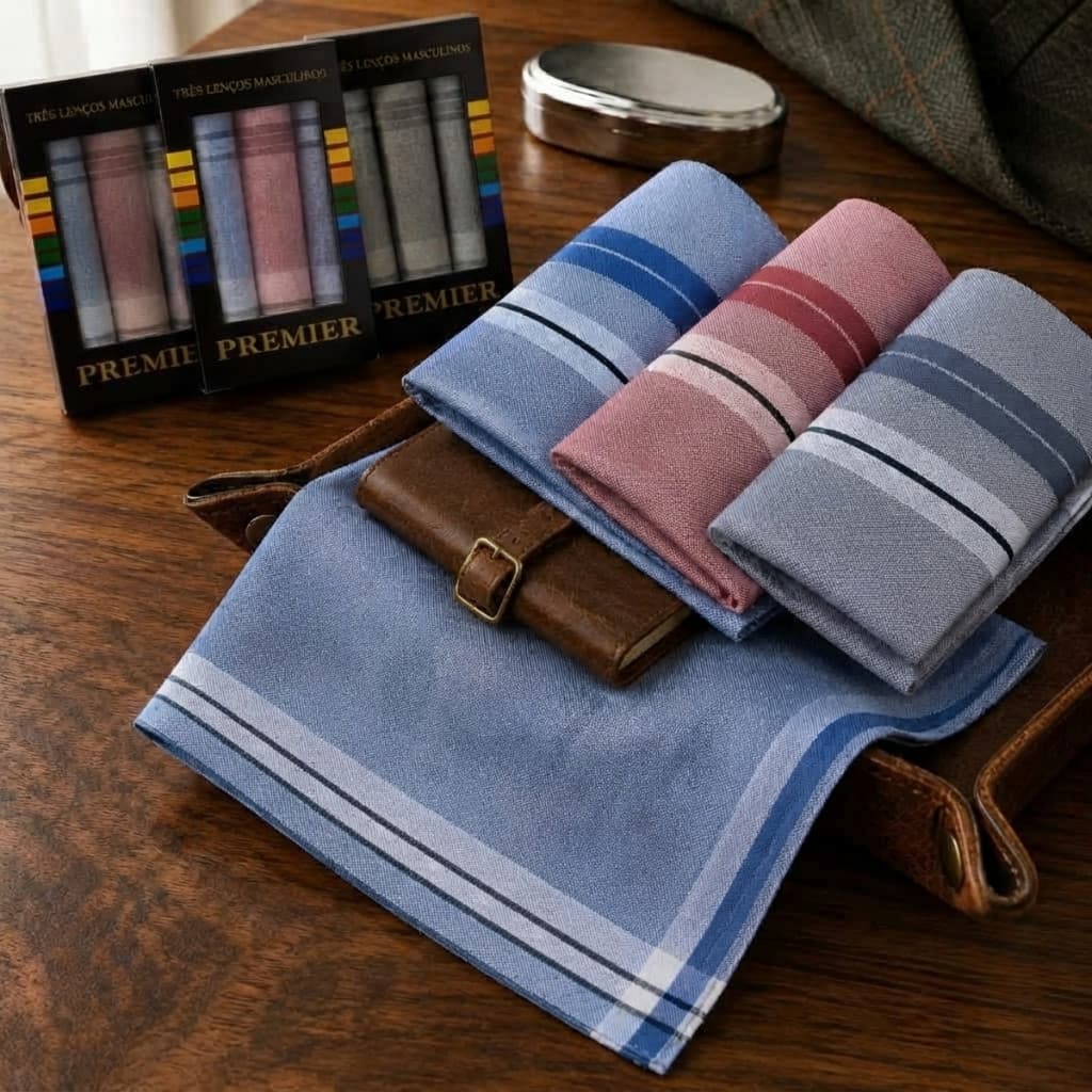 Kit 9 Lenços Masculino Liso Listrado Xadez 100% em Algodão 39cm x39cm para Bolso de Terno