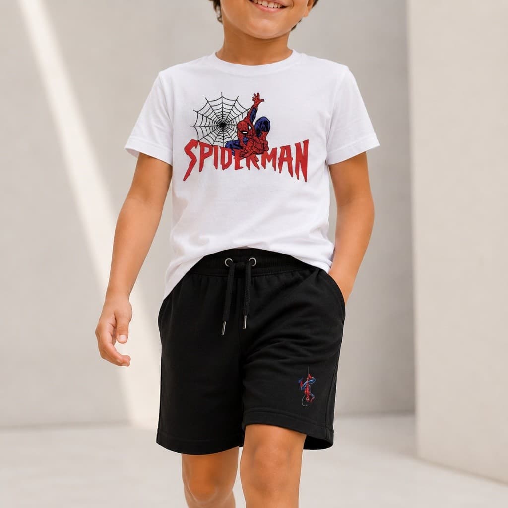 Kit Camiseta Infantil Spider Man Teia Homem Aranha Menino e Bermuda Moletinho