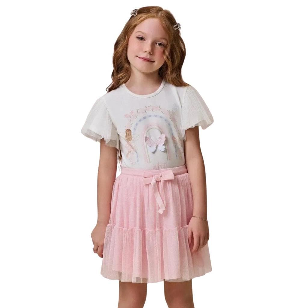 Conjunto Infantil Menina Blusa Tule Strass Pérola + Saia Tule Rosa Shorts Embutido