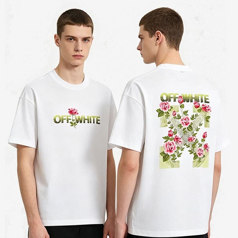 Camisa Casual 100 % Algodão Premium De Videira floral Branca Enrolada Com Estampa De Seta Unissex Gola Redonda