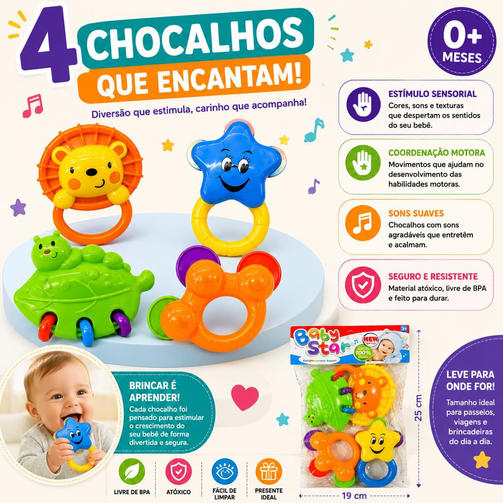 Kit 4 Chocalhos Para Beb Mordedor Sensorial Educativo Colorido Infantil