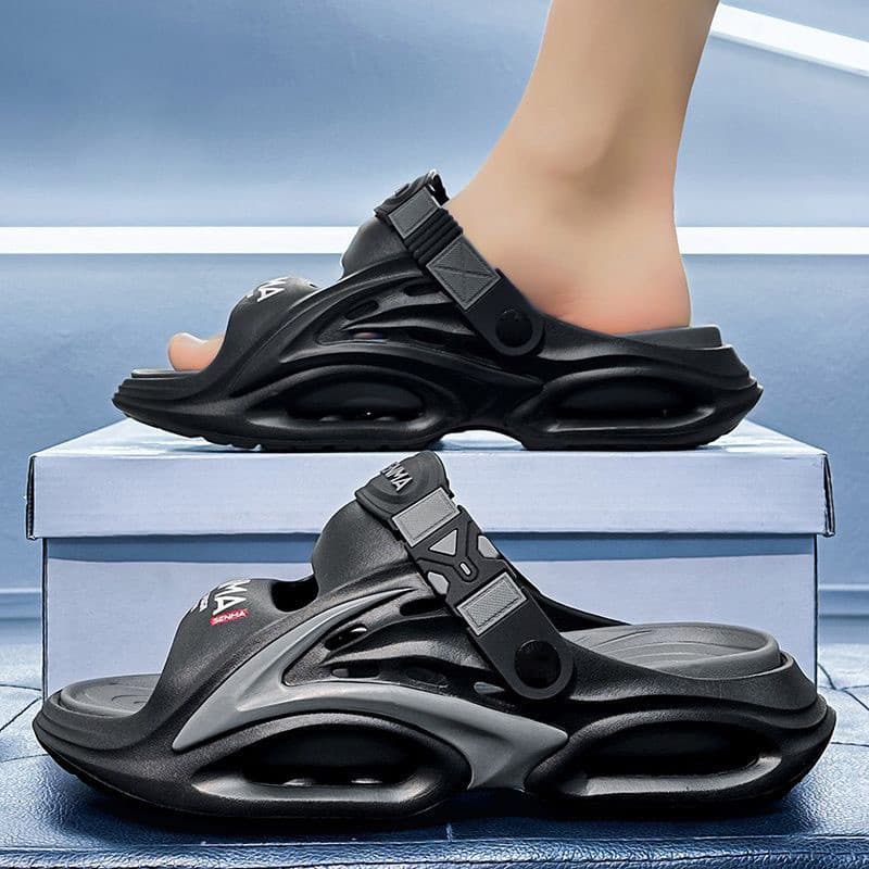 Sandálias masculinas chinelos de dupla utilização verão sapatos de praia de sola grossa arco suporte descompressão condu