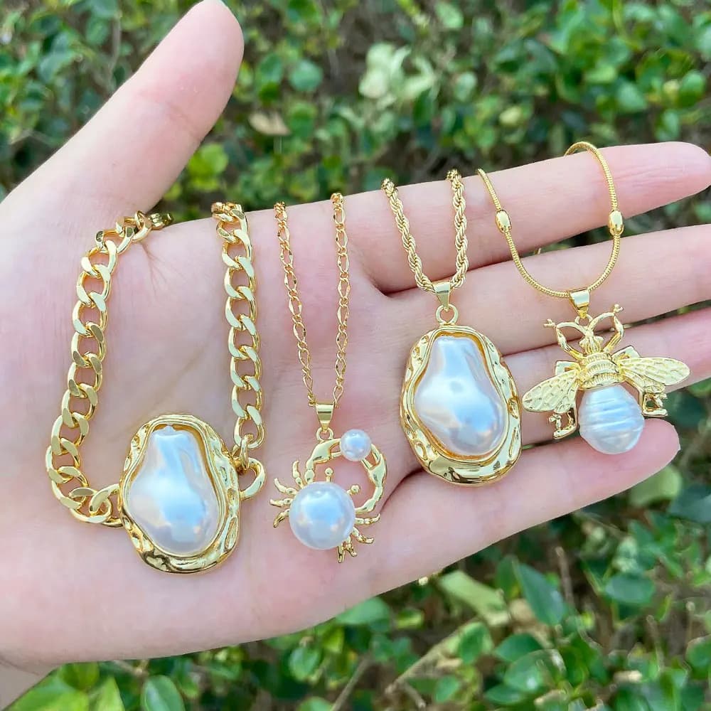 Colar grande feminino, com imitação de pérola e pingente de abelha, joia geométrica simples banhada a ouro nkeq31 DRKF I