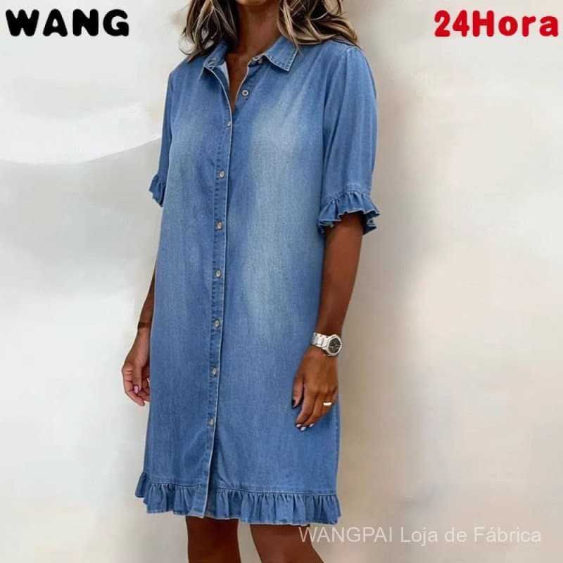 Vestido Feminino de Cor Sólida com Babados na Barra
