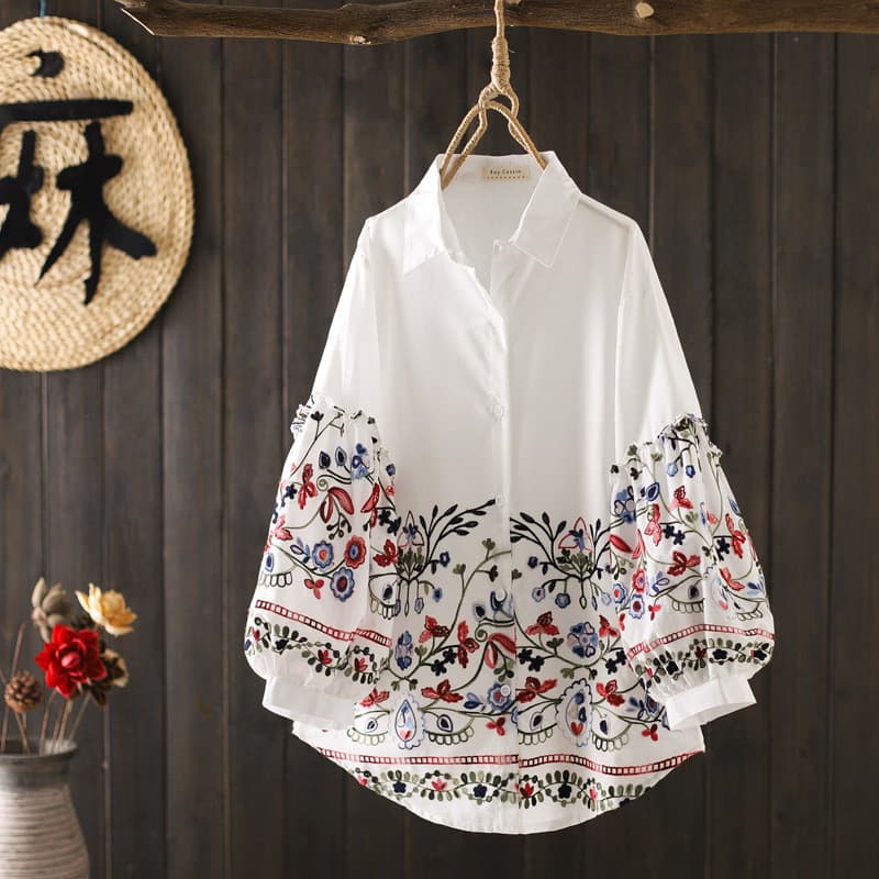 Pequeno fresco topo feminino estudante algodão solto manga Puff bordado camisa do bebê 14237