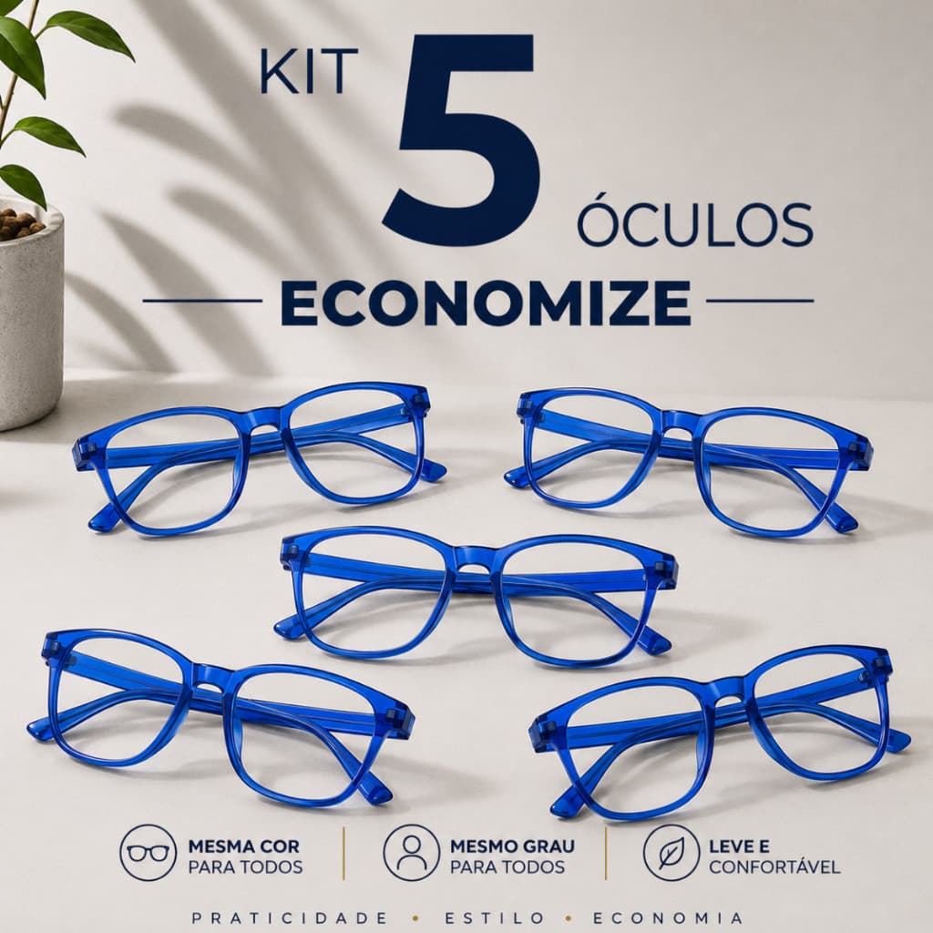 Kit com 05 Óculos de Grau para Presbiopia | Leitura – Cor Azul, modelo Unissex, Leve e Confortável