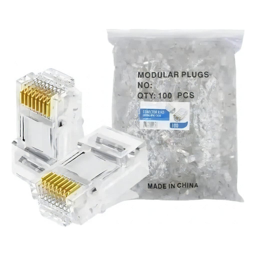 Kit 100 Conector Rj45 Cat5e Banho De Ouro Cabo De Rede 100