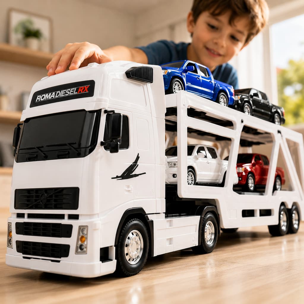Caminhão Cegonheira Roma Diesel RX 80cm Com 4 Pick-ups Brinquedo Infantil